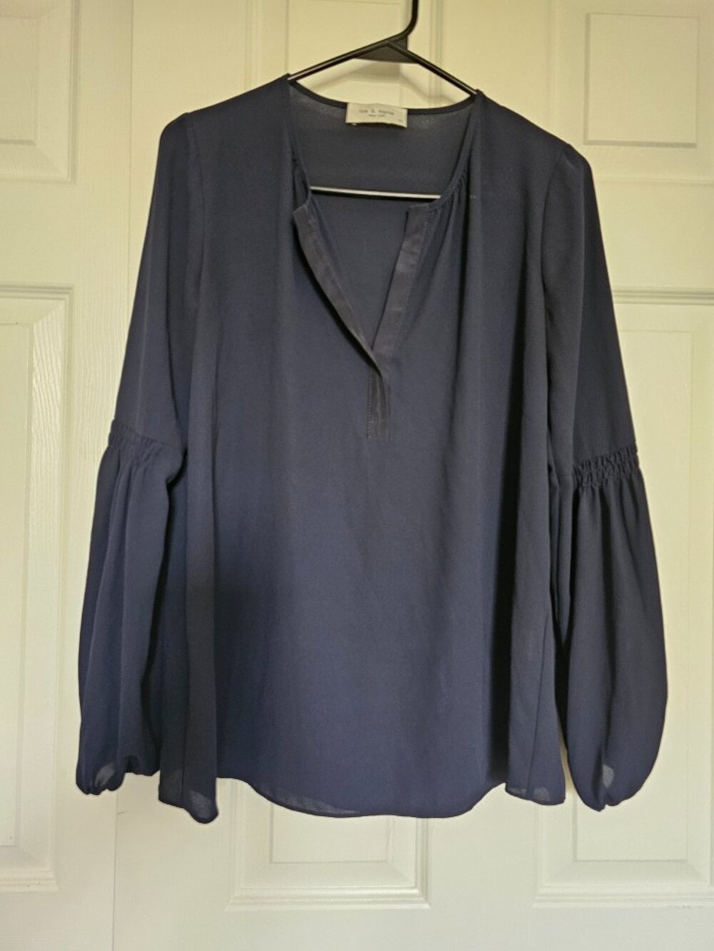 Lola & Sophie New York Navy Blue Smocked Bishop Sleeve Blouse - XS